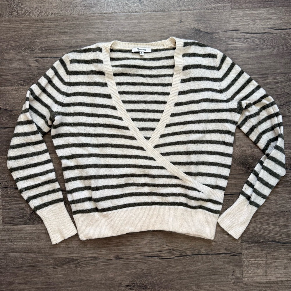 Madewell Elthorne Green White Stripe Wrap Front Alpaca Wool Sweater Medium Women